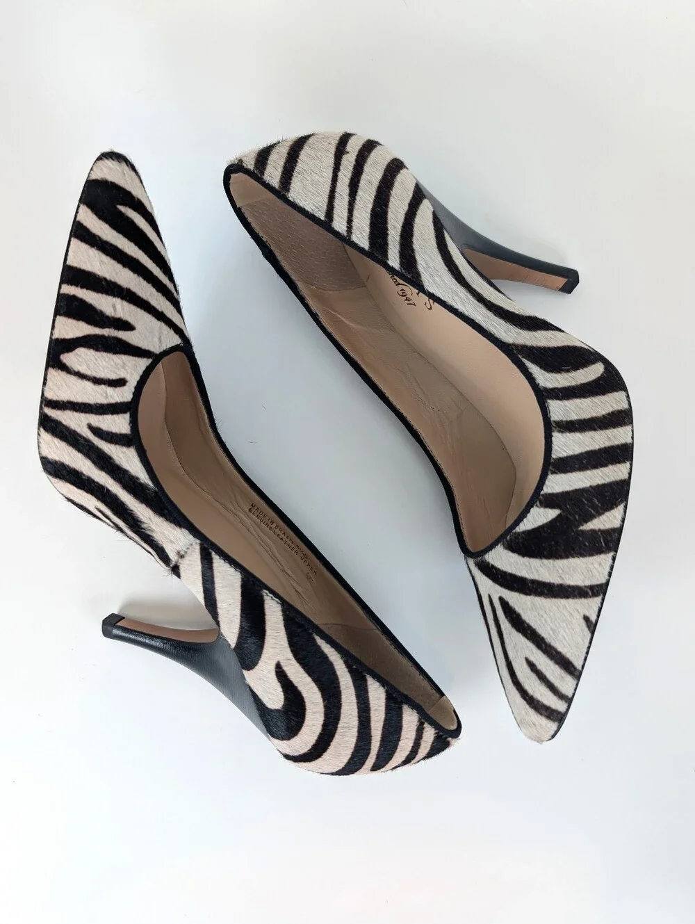 Talbots Zebra Leather Pointy Toe Pump Heels Brown Black White Cream Size 6.5